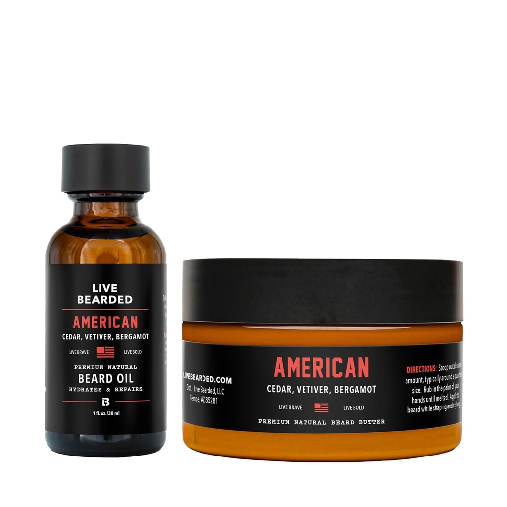 Live Bearded Beard Oil and Butter Grooming Kit - Made in the USA - Όλα τα φυσικά συστατικά με Shea, Argan, Jojoba - Υποστήριξη ανάπτυξης 