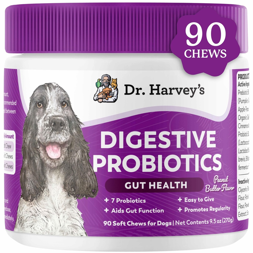Digestive Probiotic μαλακά μάσημα του Δρ. Harvey για σκύλους, 9 προβιοτικά για την υγεία των κόκκων, τη διάρροια και την υποστήριξη του εντέρου, φυστικοβούτυρο άρωμα (90 μάσημα)