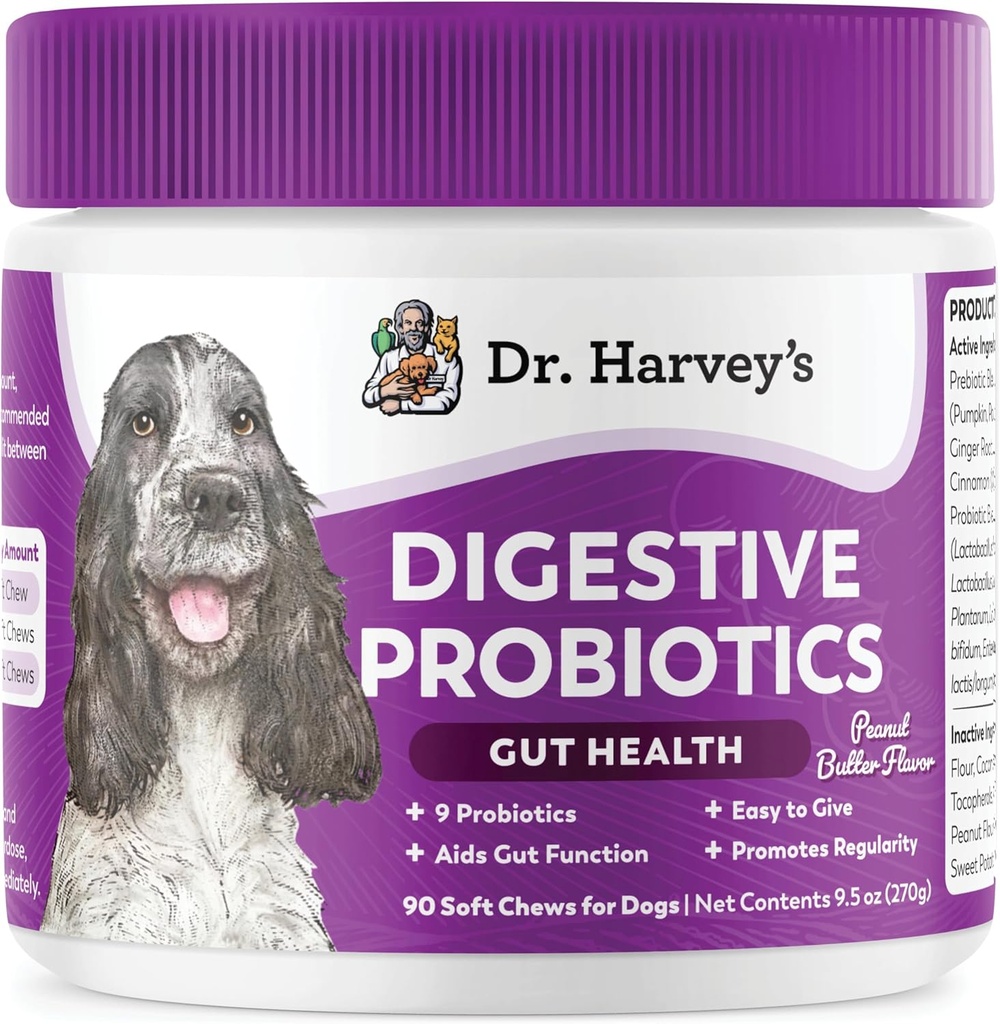 Digestive Probiotic μαλακά μάσημα του Δρ. Harvey για σκύλους, 9 προβιοτικά για την υγεία των κόκκων, τη διάρροια και την υποστήριξη του εντέρου, φυστικοβούτυρο άρωμα (90 μάσημα)