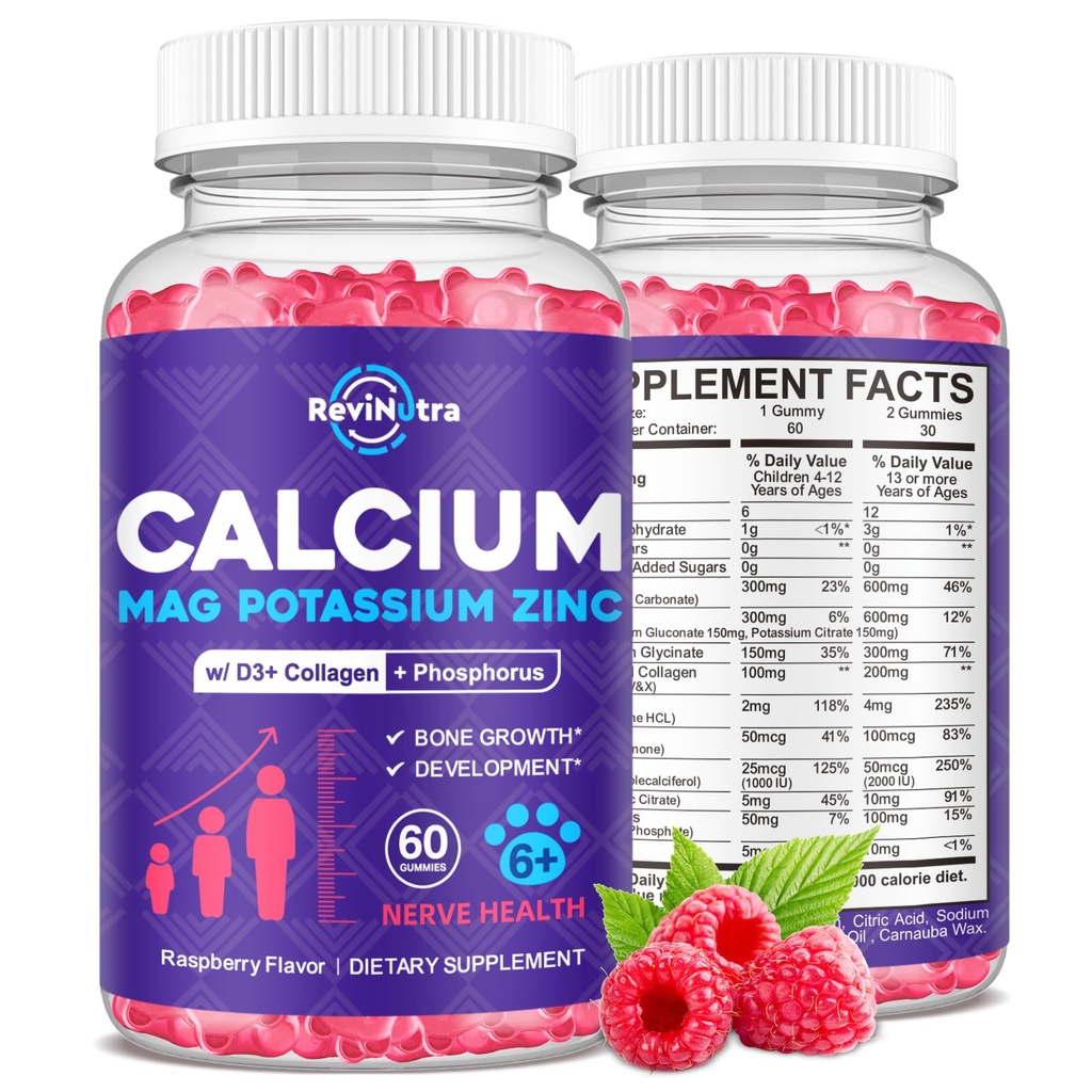 Ασβέστιο Κάλιο Μαγνήσιο Gummies για παιδιά & ενήλικες, με υδρολυμένο κολλαγόνο, ψευδάργυρο, φώσφορο, πολυβιταμίνη για ύπνο, δύναμη των οστών, υποστήριξη πυκνότητας, ζάχαρη δωρεάν, βατόμουρο 60 Gummies