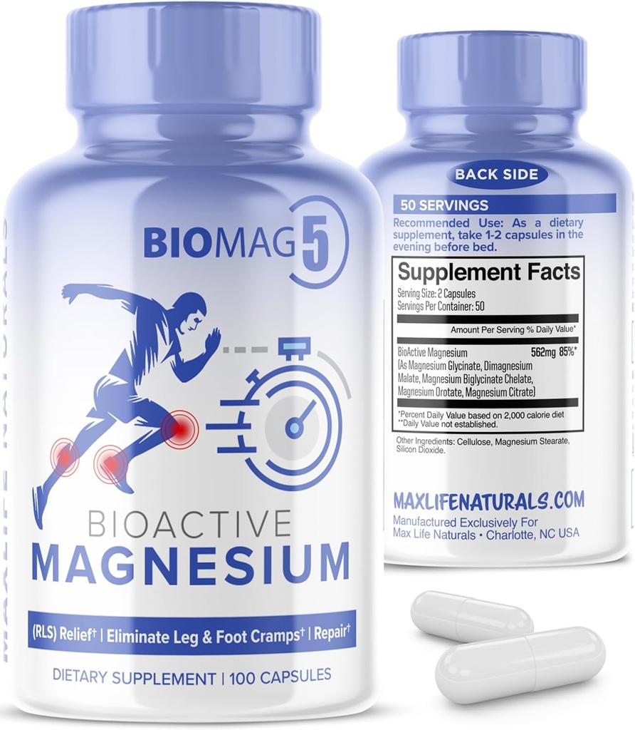 BioMag 5 Magnesium Complex Συμπλήρωμα για γυναίκες και άνδρες, 100 κάψουλες - Formulated in USA - BioActive και BioΔιαθέσιμο Μαγνήσιο Γλυκινικό Μηλεϊνό Κιτρικό Οροτικό και Biglycinate Χηλικό Συμπλήρωμα