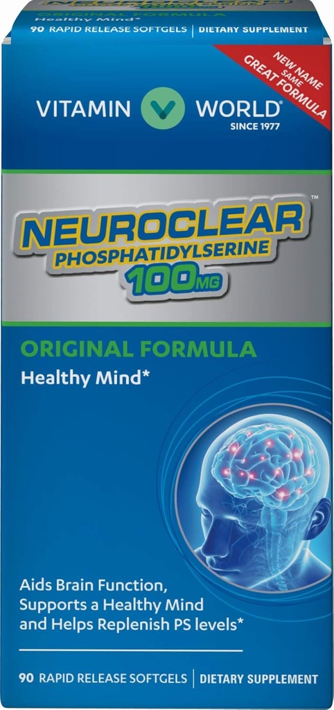 Vitamin World NeuroClearTM Phosphatidylserine 100 mg. 90 Softgels, PS Levels, Brain Support, Mental Focus, Rapid- Release, Χωρίς γλουτένη