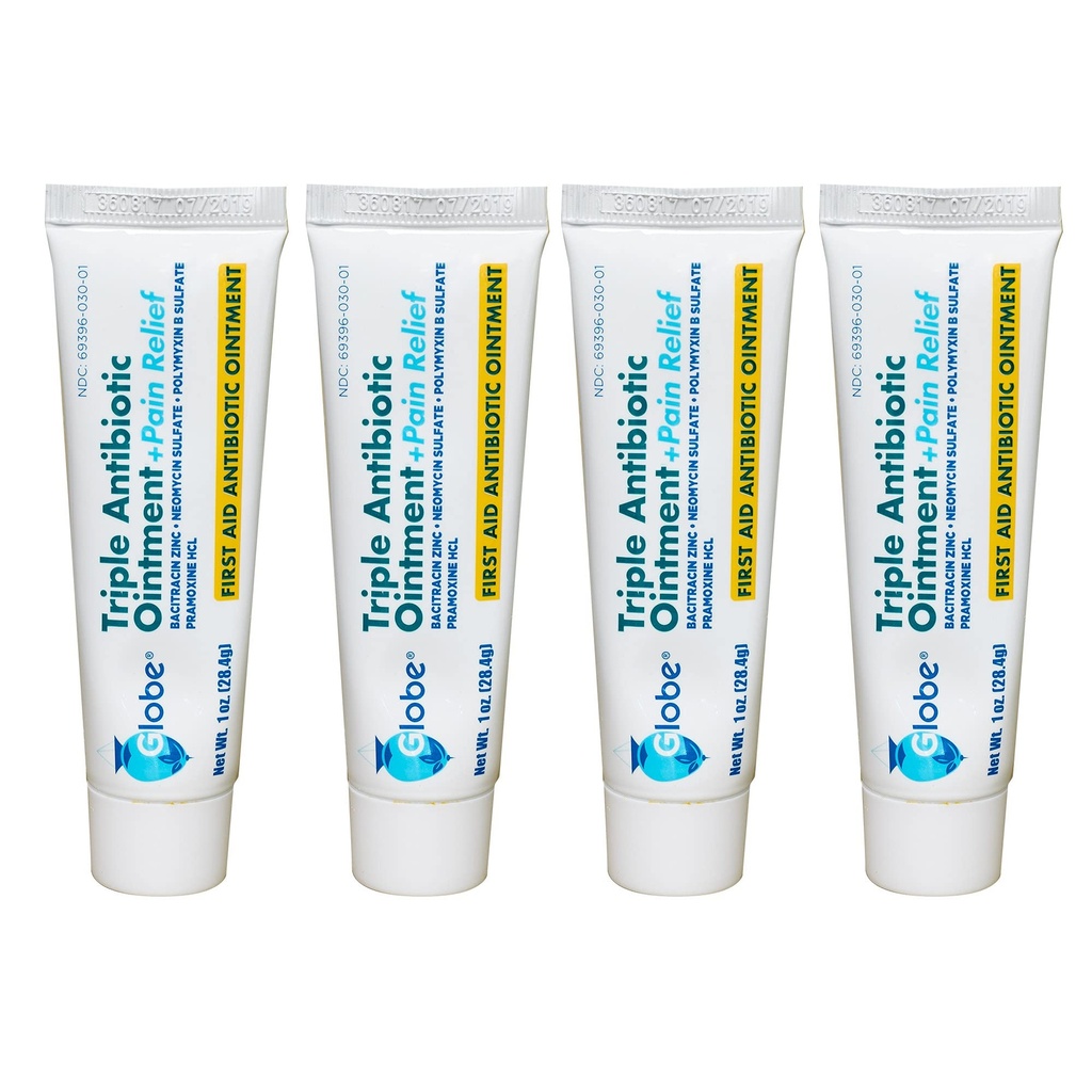 Globe 4 Pack Triple Antibiotic + Pain Relief Ointment 1oz, First Aid | Dual Action Formula, Minor Cuts and Scratches Care, Portable Tubes, First Aid Kit Essential, 24 Hour Protection