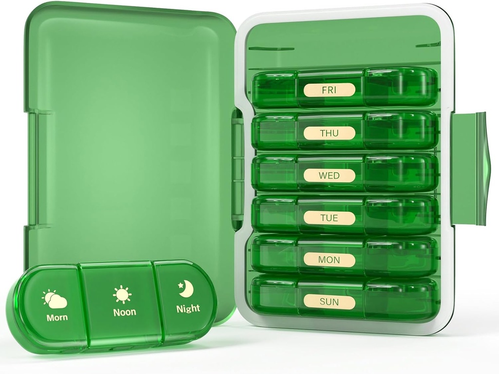 Weekly Pill Organizer 3X a Day, 7 Day Pill Box 3 Times, Portable for Travel Pill Case for Pills/Vitamin/Fish Oil/Medication/Supplements (3x7 Green)