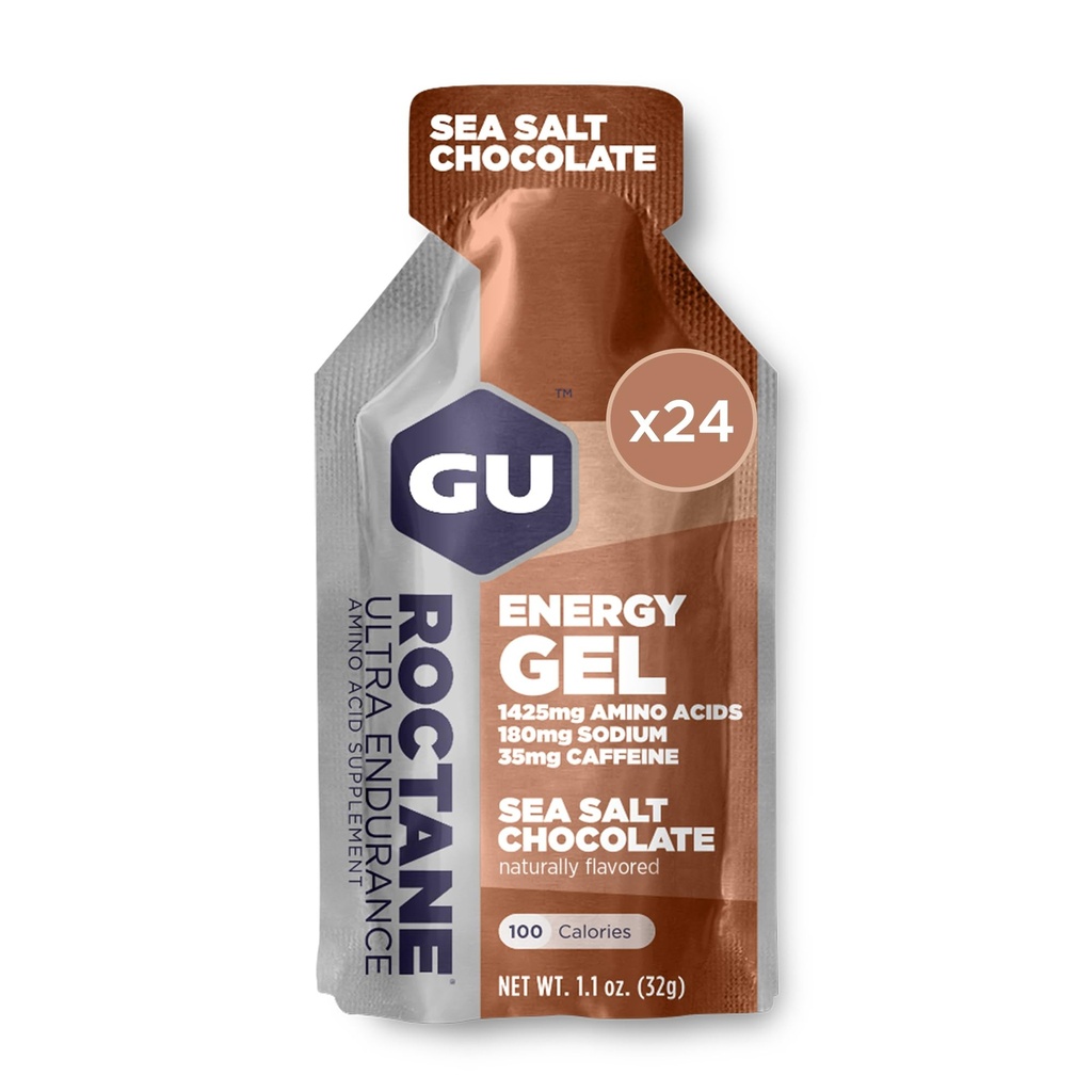 GU Energy Roctane Ultra Endurance Energy Gel, Vegan, χωρίς γλουτένη, Kosher, και Dairy-free On-The-Go Sports Διατροφή για τρέξιμο, ποδηλασία, πεζοπορία ή σκι, Σοκολάτα θαλασσινού αλατιού, 24-Count