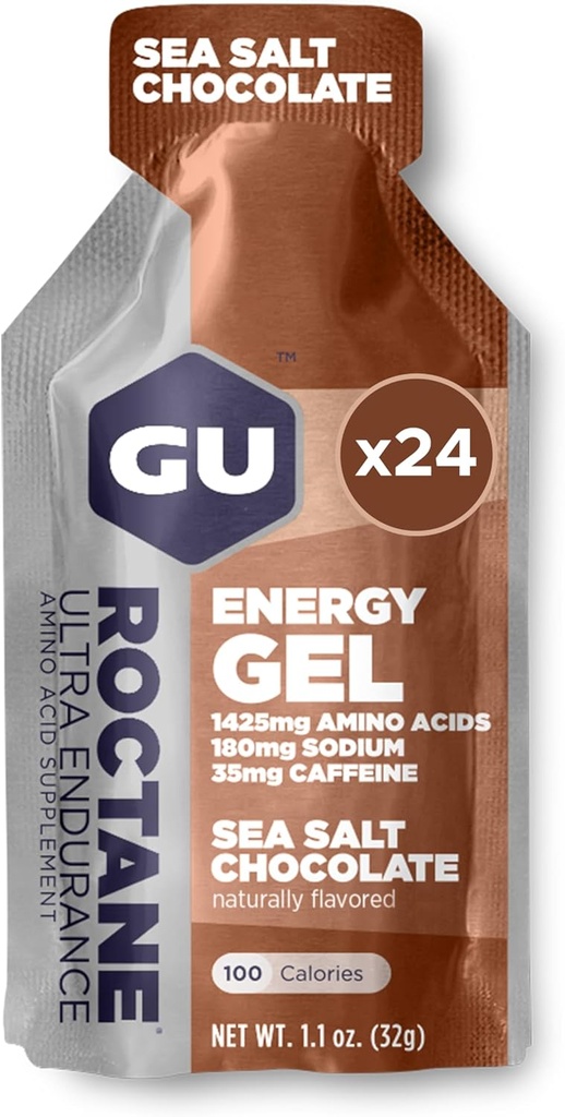 GU Energy Roctane Ultra Endurance Energy Gel, Vegan, Gluten-Free, Kosher, and Dairy-Free On-The-Go Sports Nutrition for Running, Biking, Hiking or Skiing, Sea Salt Chocolate, 24-Count