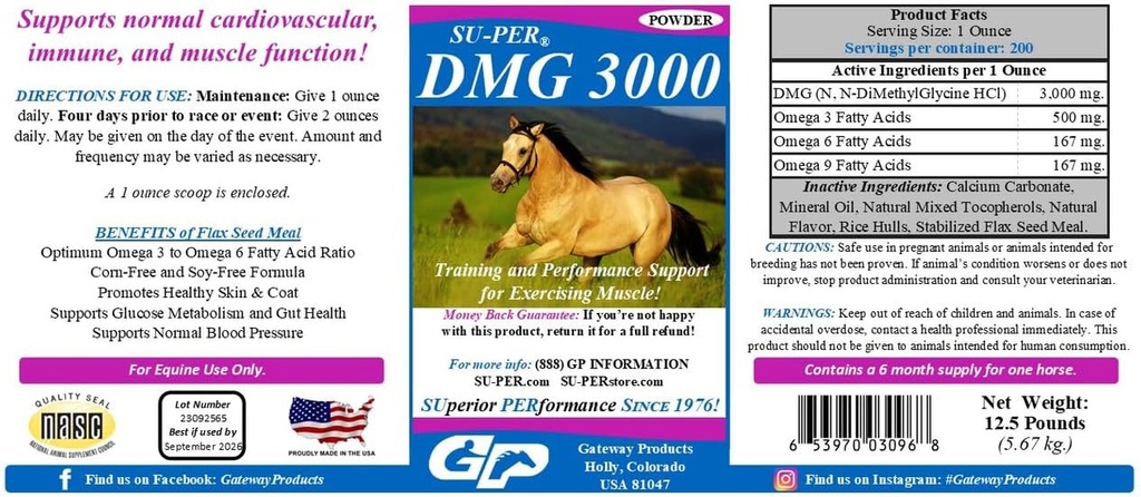SU-PER DMG 3000 συμπλήρωμα αλόγων - Εκπαίδευση & υποστήριξη απόδοσης σκόνη - Υποστηρίζει τη φυσιολογική καρδιοαγγειακή λειτουργία του ανοσοποιητικού και των μυών - 12,5 Λίρες, 6 μήνες προσφοράς