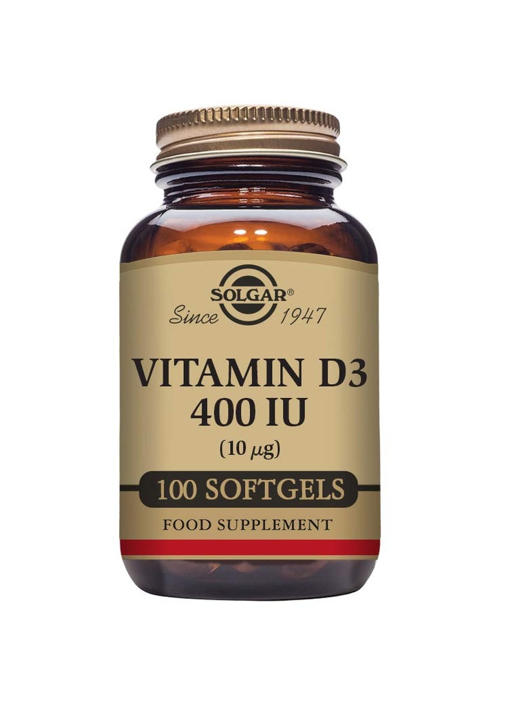 Solgar Vitamin D3 (Cholecalciferol) 10 MCG (400 IU), 100 Softgels - Βοηθά στη διατήρηση οστών & δοντιών - Υποστήριξη ανοσοποιητικού συστήματος - Μη-GMO, Χωρίς γλουτένη, Χωρίς γαλακτοκομικά - 100 Σερβιέτες