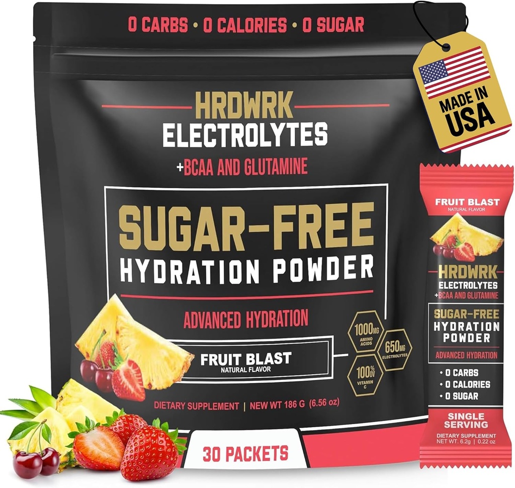Ηλεκτρολυτές HRDWRK Powder Packets με μαγνήσιο, κάλιο Νάτριο, Κετοενυδατική - BCAA Ηλεκτρολυτές Powder Packets με Γλουταμίνη, 30 Ηλεκτρολυτές Packets σκόνης Χωρίς ζάχαρη (Fruit Blast)