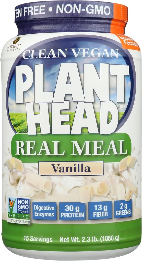 Plant Head Real Meal Organic Plant Based Protein Powder, Vanilla - Vegan, Low Net Carbs, Non Dairy, Gluten Free, Lactose Free, No Sugar Added, 2.3 Pound
