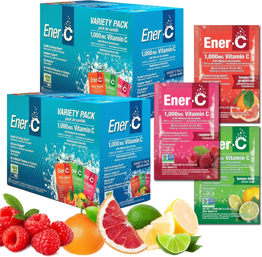 Ener-C Multivitamin Drink Mix - Βιταμίνη Πακέτα για το νερό, Ηλεκτρολυτές Powder Packets, Βιταμίνη Drink Mix, Ενυδάτωση Υγρό Mix, Ανοσοποιητικό Αναμνηστικό για Ενήλικες, Υγιεινή Ενέργεια - Ποικιλία Pack, 60 Count