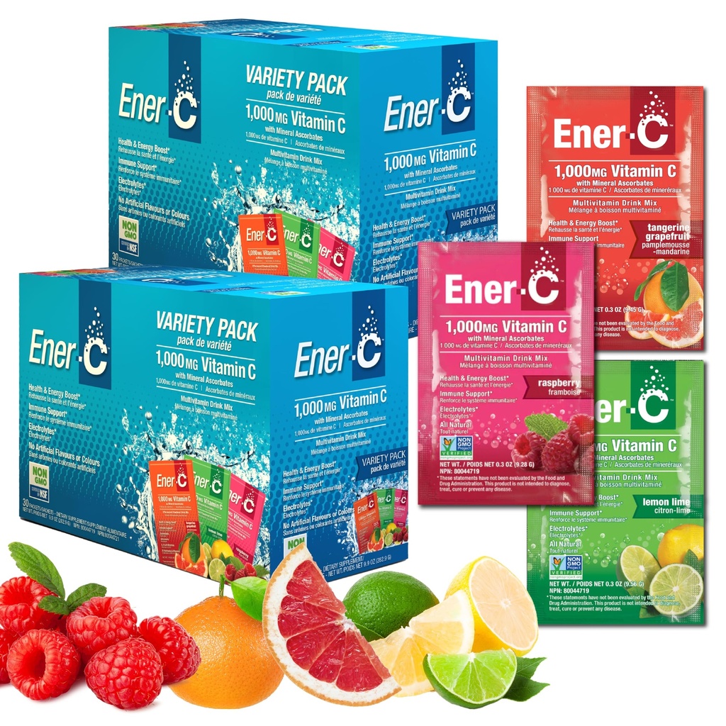 Ener-C Multivitamin Drink Mix - Βιταμίνη Πακέτα για το νερό, Ηλεκτρολυτές Powder Packets, Βιταμίνη Drink Mix, Ενυδάτωση Υγρό Mix, Ανοσοποιητικό Αναμνηστικό για Ενήλικες, Υγιεινή Ενέργεια - Ποικιλία Pack, 60 Count