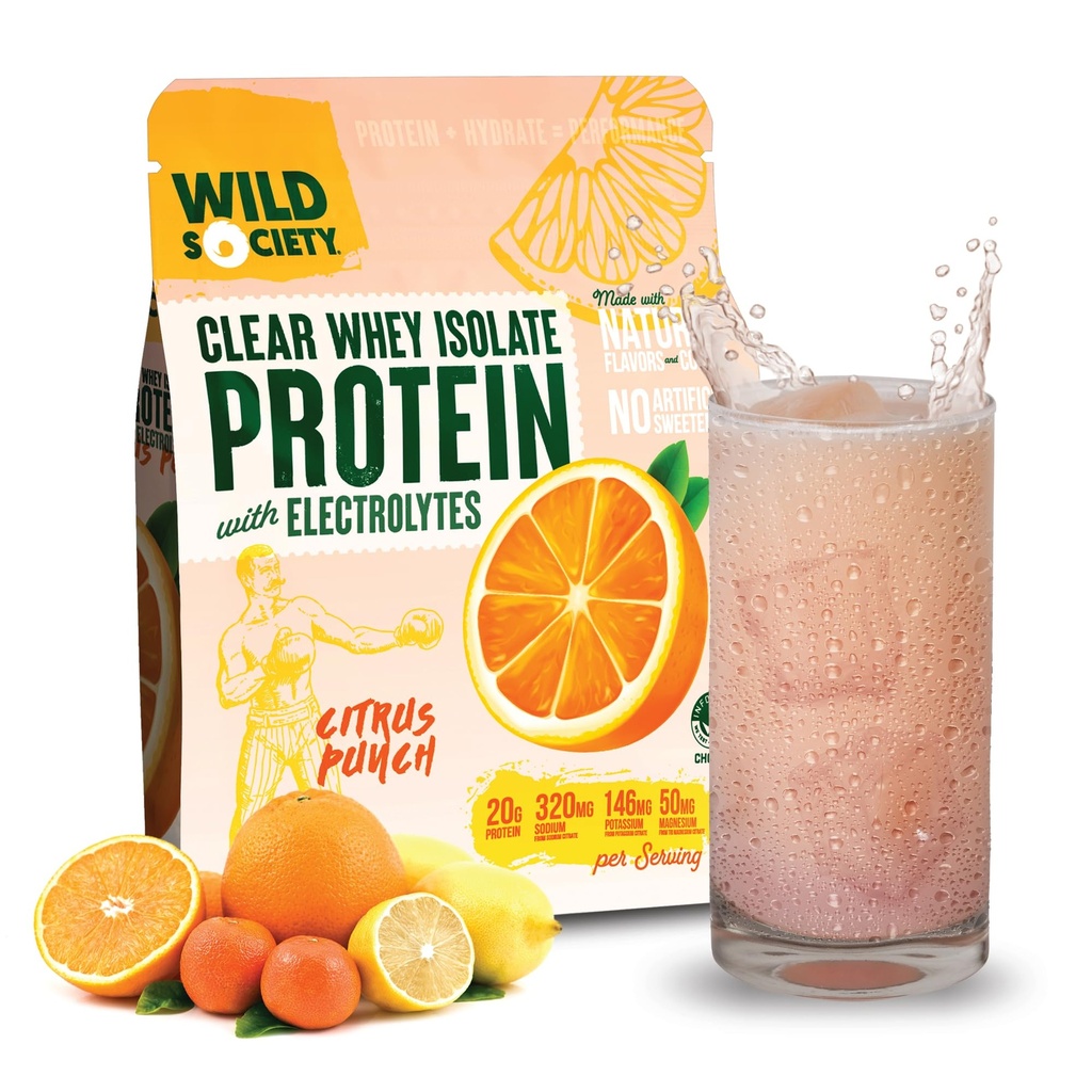 WILD SOCIETY - Clear Whey Protein + Electrolytes - Refreshing Whey Protein Isolate Powder - 20g Protein, 0 Προστέθηκε Ζάχαρη, GMO-Free, Φυσικές Γεύσεις & Χρώματα - Citrus Punch, 16 oz