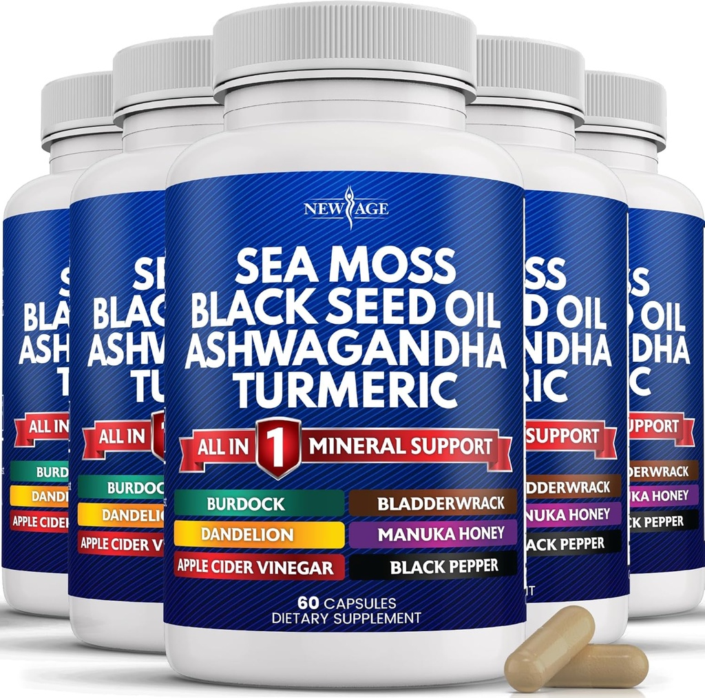 NEW AGE Sea Moss Black Seed Oil Ashwagandha Turmeric Bladderwrack Burdock - με Manuka, Honey Dandelion, ACV Μαύρο πιπέρι Χωρίς γλουτένη