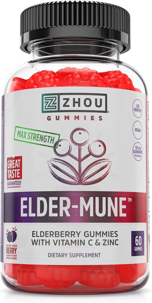 Zhou Elder-Mune Elderberry Gummies - Elderberry Βιταμίνη C και ψευδάργυρος, καθημερινή ανοσοποιητική υποστήριξη Supplemenet για γυναίκες και άνδρες, Μασώμενο φυσικό μαύρο Elderberry για ενήλικες & παιδιά 4 & Up - 60 Gummies