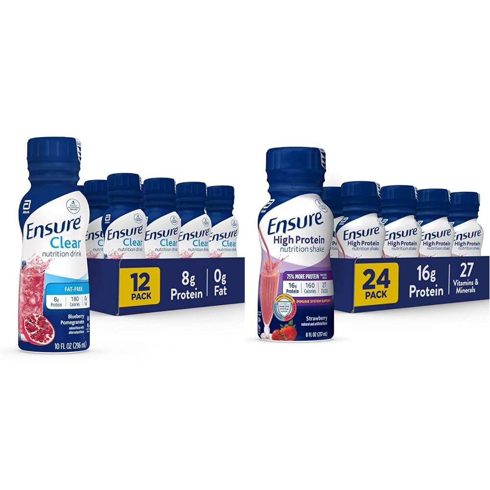 Εξασφαλίστε Liquid Clear Nutrition Drink, 0g λίπος, 8g πρωτεΐνης, Ρόδι βατόμουρο, 10 fl Oz (πακέτο των 12), Μπουκάλι, χωρίς γλουτένη και Εξασφαλίστε High Protein Strawberry Nutrition Shake, 24 Pack