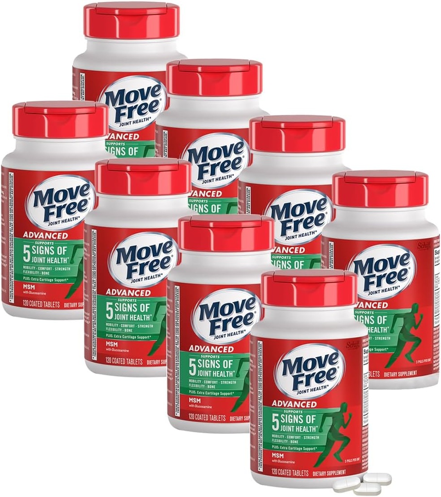 Μετακίνηση δωρεάν Advanced Glucosamine Chondroitin MSM Κοινό συμπλήρωμα υποστήριξης, υποστηρίζει την κινητικότητα, την άνεση, τη δύναμη, την ευελιξία & τα οστά, 120 δισκία / 40 εξυπηρετούν (8 Pack)