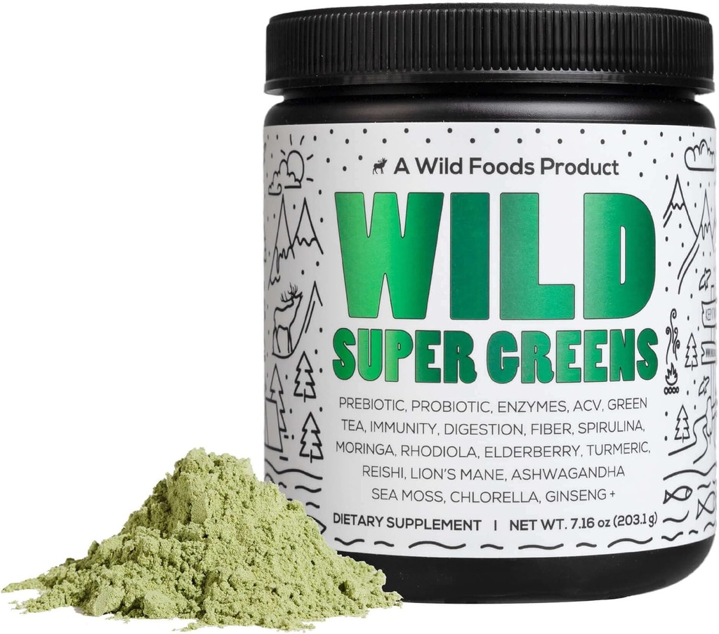 Άγρια τρόφιμα Ακατέργαστα Super Greens Σκόνη καθημερινή χυμός ποτό με προβιοτικά και Digestive Enzyme Blend - Ολόκληρα τρόφιμα Πηγή, 46 φυτά με βάση θρεπτικά συστατικά, μη GMO, Spirulina, Chlorella, Wheatgrass (30 υπηρεσίες)