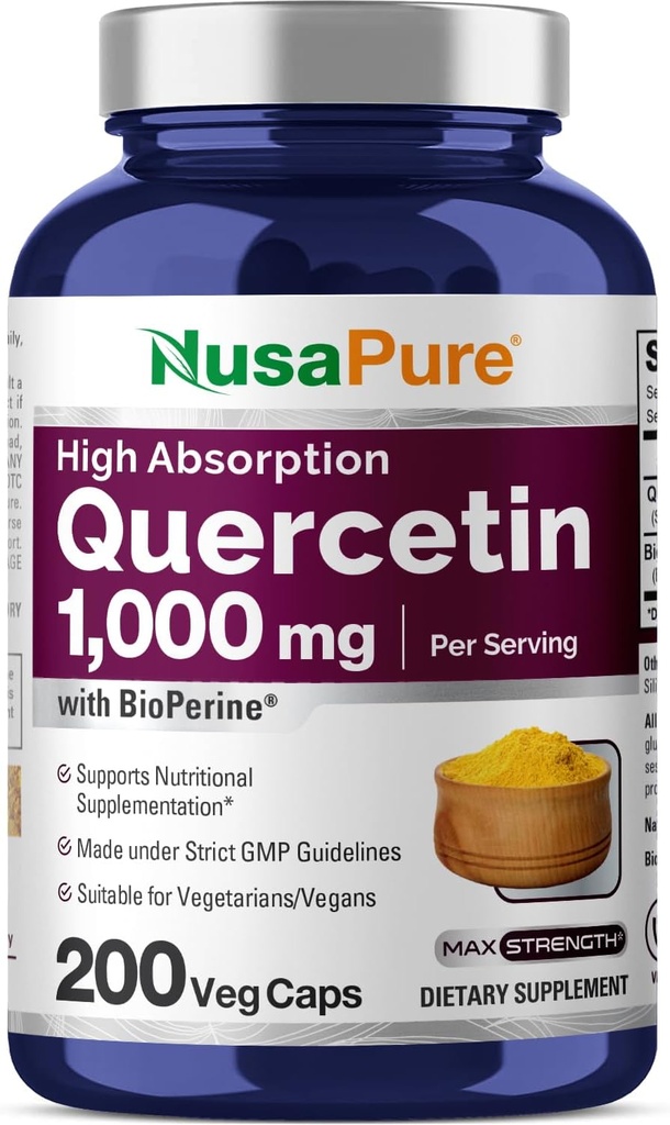 NusaPure Quercetin 1000mg - 200 Veggie Caps (Non-GMO, Vegan, Vegetarian) Βιοπερίνη