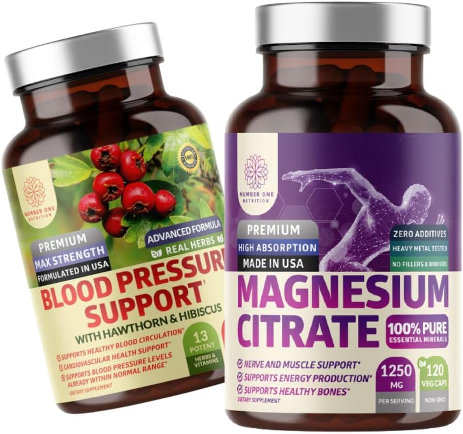 Number One Nutrition N1N Premium Κιτρικό μαγνήσιο [1250mg] και υποστήριξη πίεσης αίματος [13 Ισχυρά συστατικά με Hawthorn & Hibiscus], 2 πακέτα