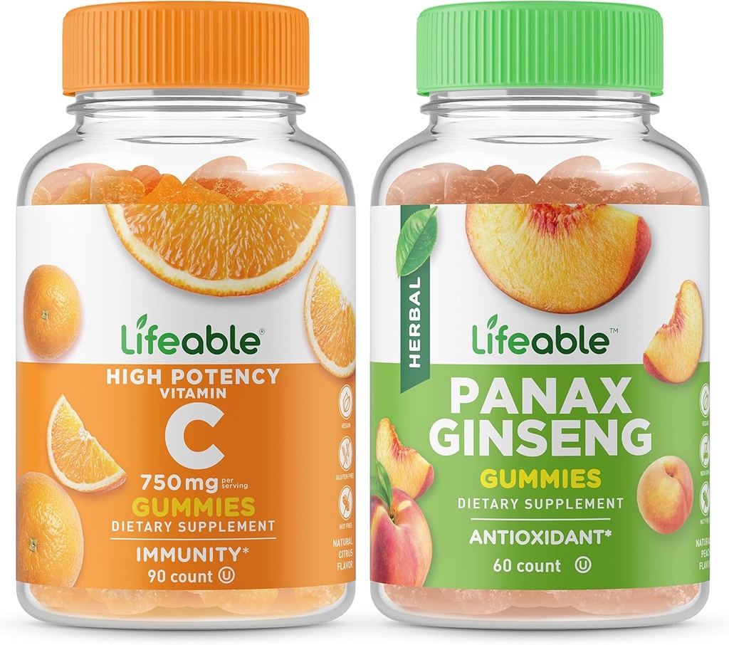 Ζωηρή βιταμίνη C 750mg + Panax Ginseng, Gummies Bundle - Μεγάλη γεύση, συμπλήρωμα βιταμίνης, χωρίς γλουτένη, GMO δωρεάν, Μασώμενα Gummy