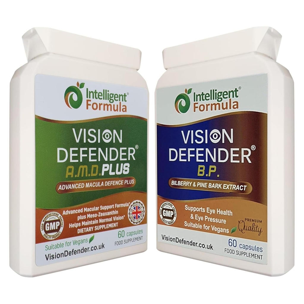 Vision Defender A.M.D. Plus & BP Eye Care Bundle – Advanced Eye Supplements with AREDS2 (Λουτεΐνη, Ζεαξανθίνη, Βιταμίνη C & E, Χαλκός, Ψευδάργυρος), Plus Meso-Zeaxanthin, Bilberry, Pine Bark. Κατασκευασμένο στο Ηνωμένο Βασίλειο