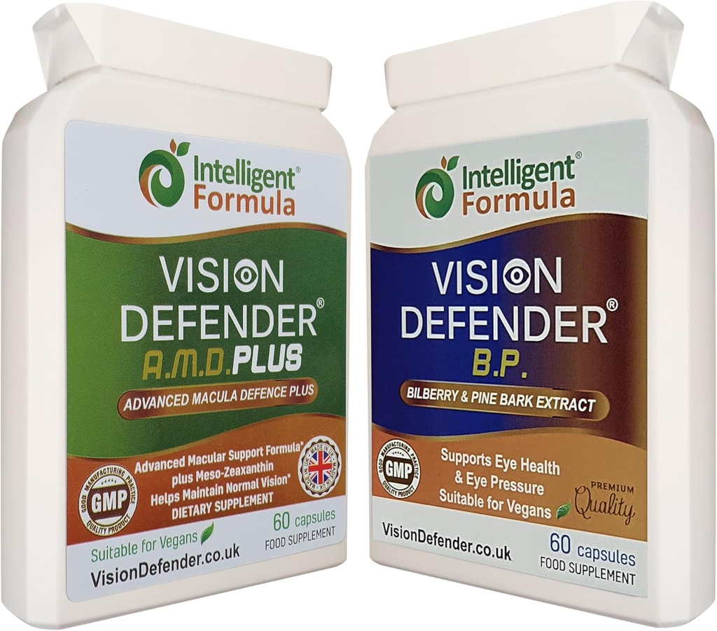 Vision Defender A.M.D. Plus & BP Eye Care Bundle – Advanced Eye Supplements with AREDS2 (Lutein, Zeaxanthin, Vitamin C & E, Copper, Zinc), Plus Meso-Zeaxanthin, Bilberry, Pine Bark. Made in UK