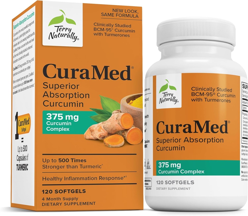 Terry Φυσικά CuraMed 375mg - Αντιοξειδωτικό συμπλήρωμα για την υποστήριξη του εγκεφάλου & ανοσοποιητικών υγείας - Συμπλήρωμα διατροφής με αιθέριο έλαιο κουρκουμίνης & κουρκουμά - Φυτική υποστήριξη ήπατος - 120 Softgels