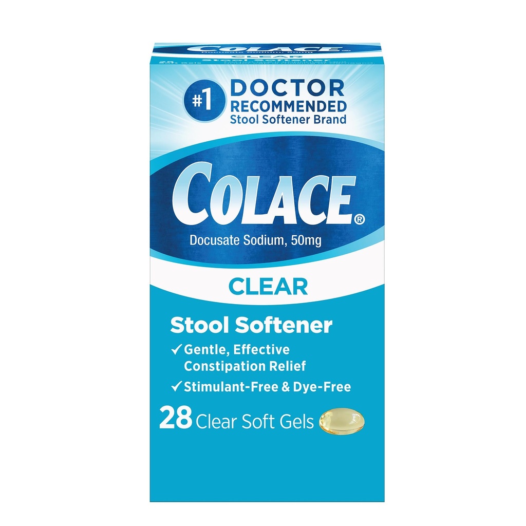 Colace Clear Stool Αποσκληρυντής Μαλακό Gel Καψάκια Δυσκοιλιότητα Ανακούφιση 50 mg Δοκιμαστικός γιατρός νατρίου συνιστάται 28ct