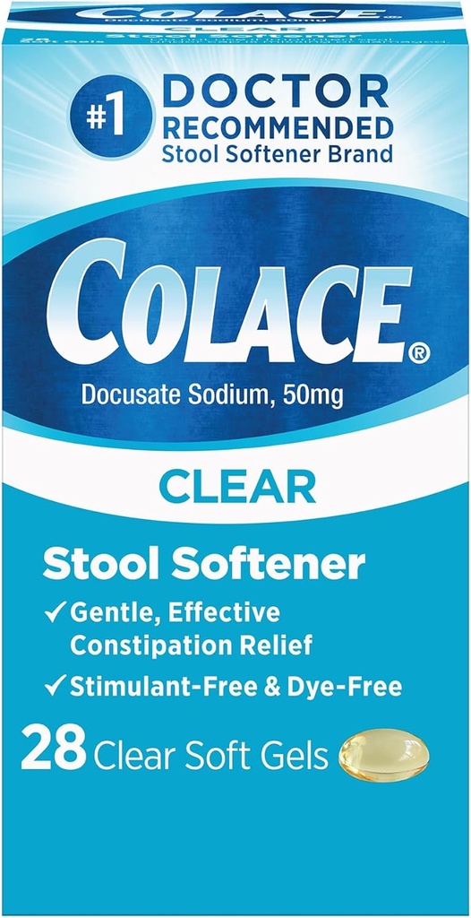 Colace Clear Stool Softener Soft Gel Capsules Constipation Relief 50mg Docusate Sodium Doctor Recommended 28ct