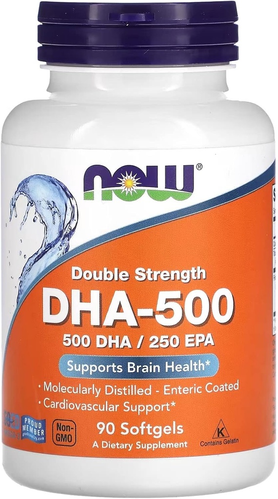 NOW Συμπληρώματα τροφίμων, DHA-500 με 250 EPA, Μοριακά Αποσταγμένο, Υποστηρίζει την υγεία του εγκεφάλου*, 90 Softgels