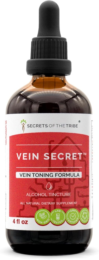 Vein Secret Alcohol Extract, Herbal Drops υψηλής ισχύος, Βάμμα από Butcher's Broom, Horse Chestnut, Prickly Ash, Rosemary, Stone Root. Φόρμουλα 4 oz