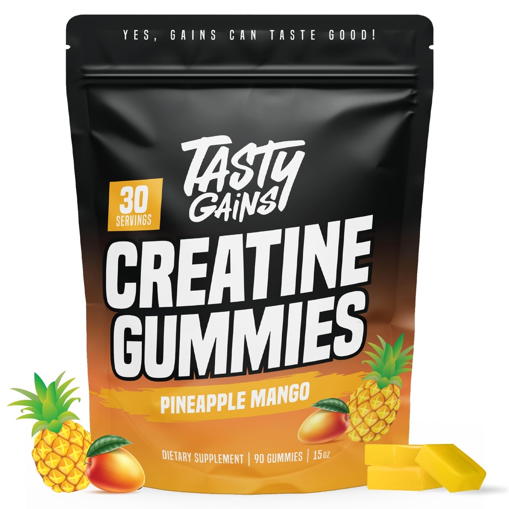 TASTY GAINS Creatine Gummies - 90g Creatine Monohydrate - Συμπληρώματα προπόνησης - Build Muscle & Boost Strength for Men & Women - Made in USA - Non GMO - Vegan Friendly (Large, Pineapple Mango)