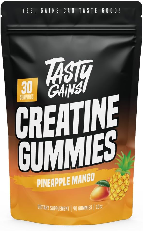TASTY GAINS Creatine Gummies - 90g Creatine Monohydrate - Συμπληρώματα προπόνησης - Build Muscle & Boost Strength for Men & Women - Made in USA - Non GMO - Vegan Friendly (Large, Pineapple Mango)