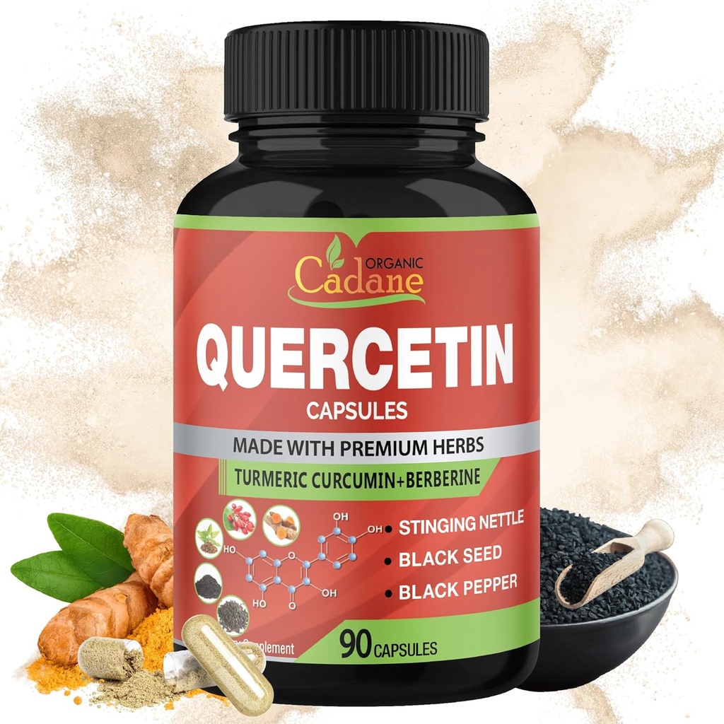 Organic Cadane Quercetin Extract Capsules, 90capsules, 3 Months Supply with Quercetin, Turmeric Curcumin, Berberine, Nettle, Black Seed Powder, Black Pepper.