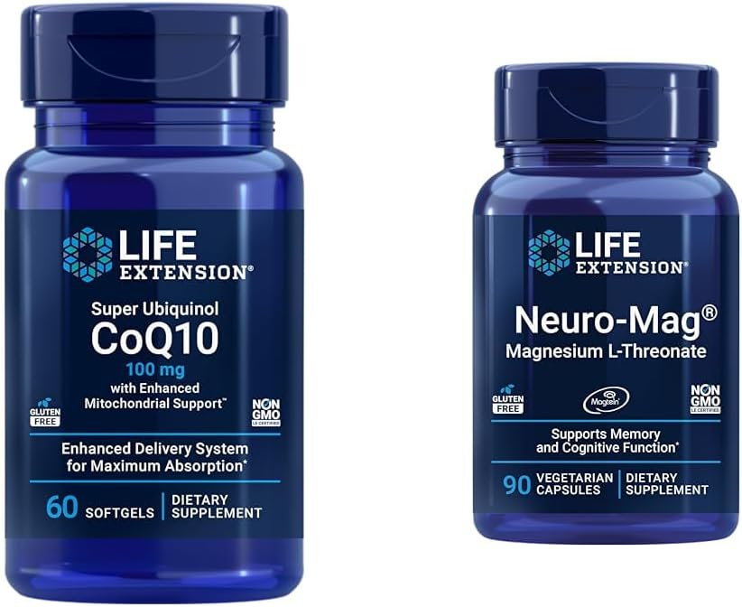 Life Extension Super Ubiquinol CoQ10 with Enhanced Mitochondrial Support & Neuro-mag Magnesium L-threonate, Magnesium L-threonate