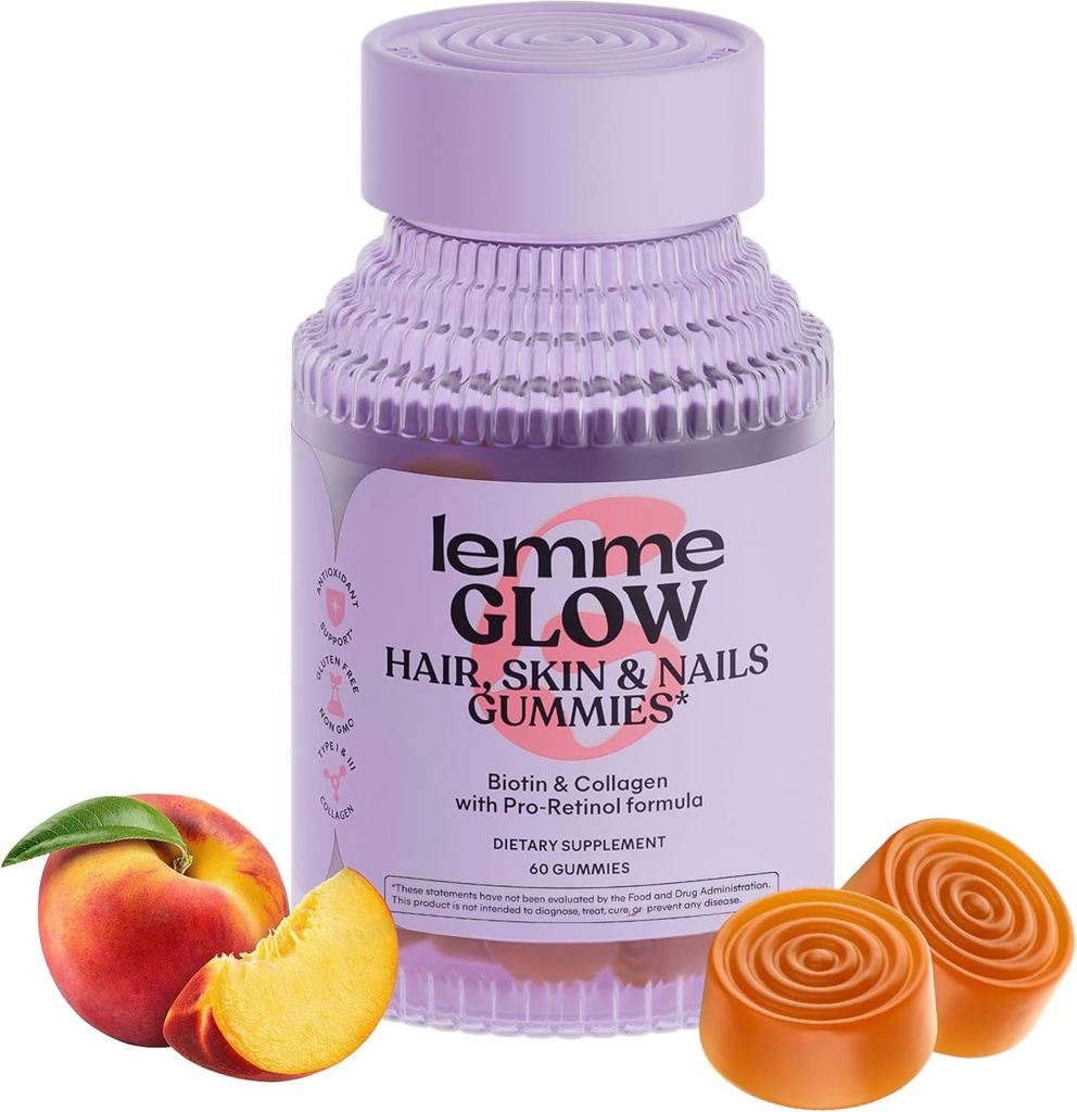 Lemme Glow Collagen Gummies for Thick Hair, Strong Nails & Healthy Skin with Multi-Collagen Peptides, Biotin, Trace Minerals, Zinc, Vitamins A, C & E, Dairy & Gluten Free, Peach Flavor, 60 ct.