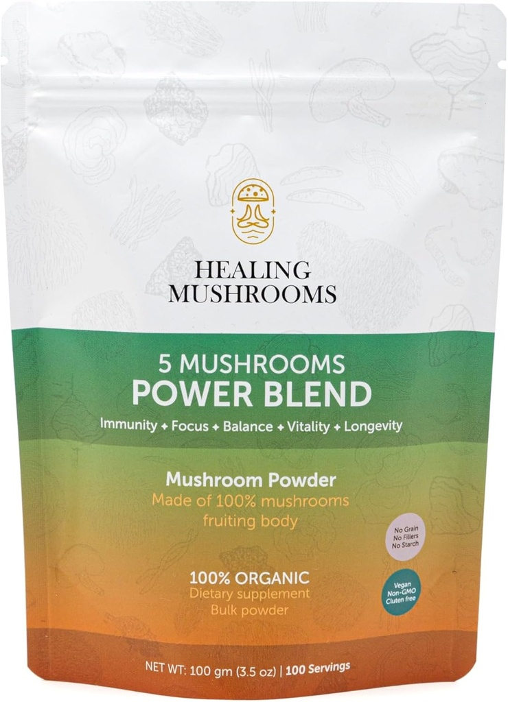 5 Μανιτάρια Power Bland, οργανική σκόνη με Lions Mane, Reishi, Cordyceps, Turkey Tail, Chaga. 100 γραμμάρια