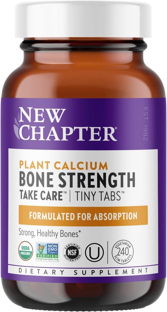 New Chapter Calcium Supplement - Bone Strength Tiny Tabs Organic Calcium with Magnesium, Vitamin D3+K2, 70+ Trace Minerals for Bone Health, Gluten Free, Easy to Swallow - 240 ct