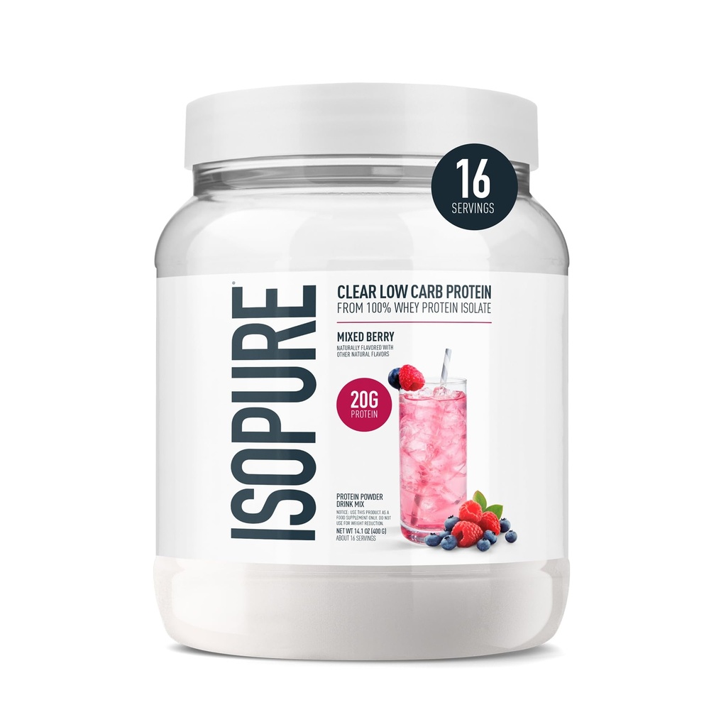 Isopure Clear Whey Isolate Protein Powder, Lactose Free, Gluten Free, Φυσικά Γεύση, Μικτό μούρο, 20g πρωτεΐνη ανά υπηρεσία, 14,1 Oz, 16 υπηρεσίες (Packaging May Vary)