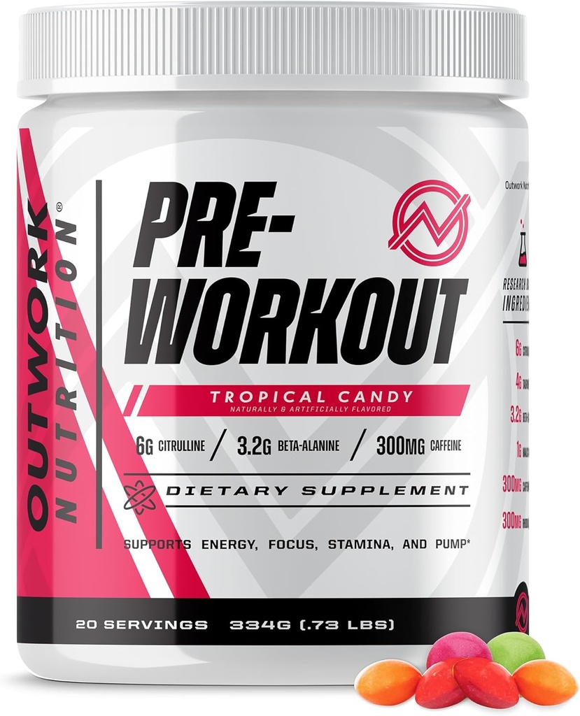 Outwork Nutrition Preworkout for Men & Women - Nootropic Pre Workout Without Creatine, Pre-Workingout Powder with Taurine Rhodiola Citrulline Malate Beta Alanine Caffeine (Tropical Candy)