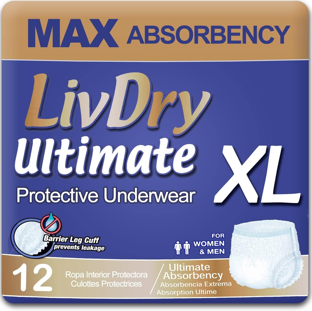 LivDry Ultimate XL Ενήλικας Ακράτειας Εσώρουχα, Max Απορροφητικοί Ενηλίκων Διαβήτες με Διαρροή Προστασία, X-Large, 12-Pack