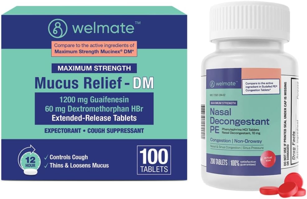 WELMATE Complete Ψυχρή & Αλλεργία Κιτ ανακούφισης: Μέγιστη δύναμη Nasινικό αποσυμφορητικό PE (200 δισκία) & Mucus Relief DM 1200mg Guaifenesin/60mg DXM (100 Ct) - Μη-Νοηφόρος Σινός, Βήχας, και Συμφορητική ανακούφιση