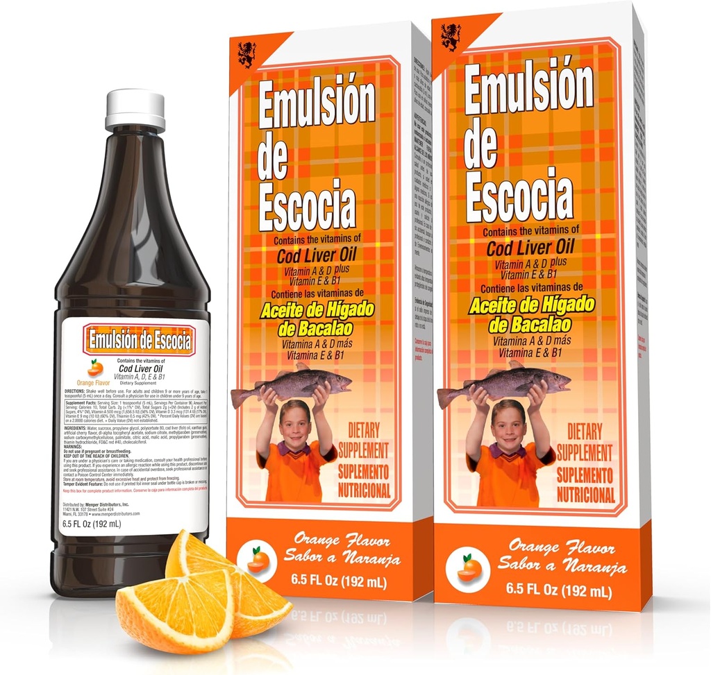 Emulsión de Escocia Cod Liver Oil Complex με Βιταμίνες A, D, E, B1 - Φυσικό συμπλήρωμα διατροφής με γεύση πορτοκάλι για την Ανοσολογική Υποστήριξη και την Υγεία των Οστών - Απαραίτητο Ωμέγα 3 ιχθυέλαιο - 6,5 oz (2-πακ)