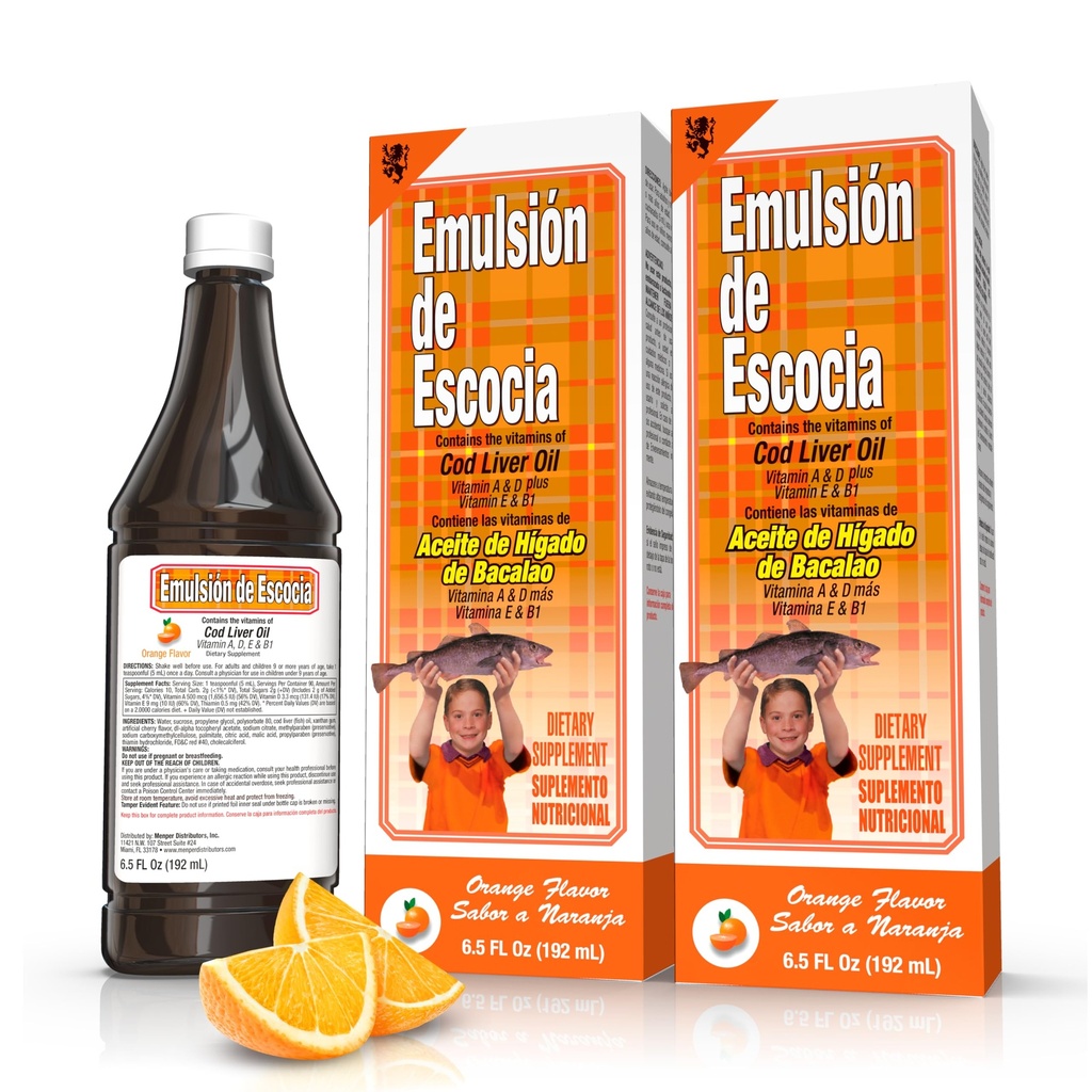 Emulsión de Escocia Cod Liver Oil Complex με Βιταμίνες A, D, E, B1 - Φυσικό συμπλήρωμα διατροφής με γεύση πορτοκάλι για την Ανοσολογική Υποστήριξη και την Υγεία των Οστών - Απαραίτητο Ωμέγα 3 ιχθυέλαιο - 6,5 oz (2-πακ)