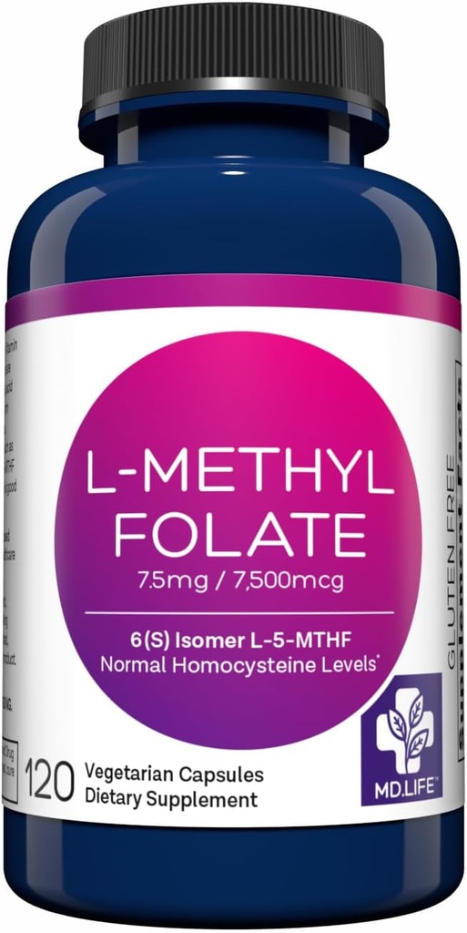 MD Life L- Methylfolate 7, 5 mg συμπλήρωμα - Επαγγελματικό- Grade Active L Συμπλήρωμα μεθυλοφολικού - 120 κάψουλες - L- Methylfolate 7, 5mg - Μέγιστη ισχύς MTHFR W/ Essential Amino Acids
