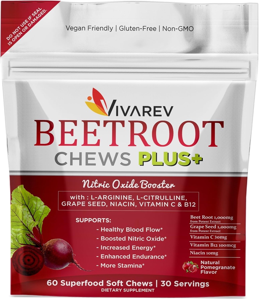 Beetroot Nitric Oxide Supplement - 1000mg Beet Powder with L Arginine, L Citrulline, Grape Seed Extract, Niacin, Vitamin C & B12 - Beet Chews - Pack of 60