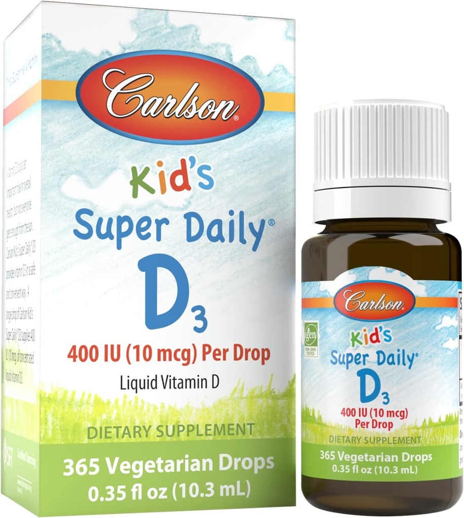 Carlson - Παιδική SuperDaily D3, Παιδιά σταγόνες βιταμίνης D, 400 IU (10 mcg) ανά Σταγόνα, Υγεία της Καρδιάς, Ανοσολογική Υποστήριξη, Χορτοφαγική, Υγρή βιταμίνη D σταγόνες, Άγευστη, 365 σταγόνες