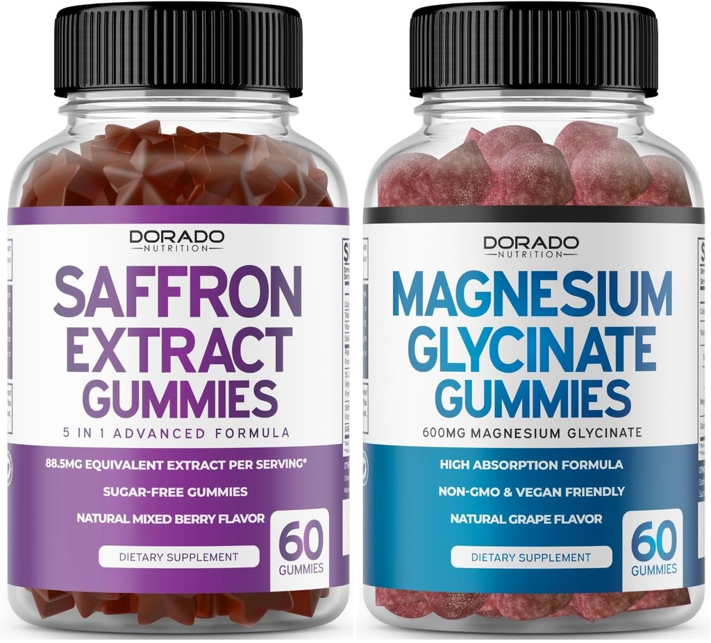 Saffron Συμπληρώματα (60 Gummies) 5 σε 1 Advanced Formula Sugar Free Gummy - Delicious Raspberry Flavor and Magnesium Glycinate (60 Count) Pure Glycinate Gummy for Adults - Μη ΓΤΟ, Vegan & USA Made