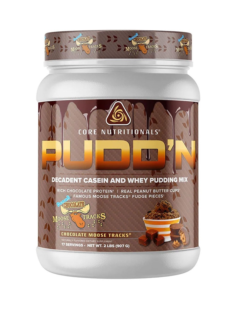 Core Nutritionals Pud'n, Decadent Protein Pudding Mix, Πλήρης Αποκάλυψη Casein Blend, Παρατεταμένη κυκλοφορία, 20G Protein, 17 μερίδες (Chocolate Moose Tracks, 2 lb)